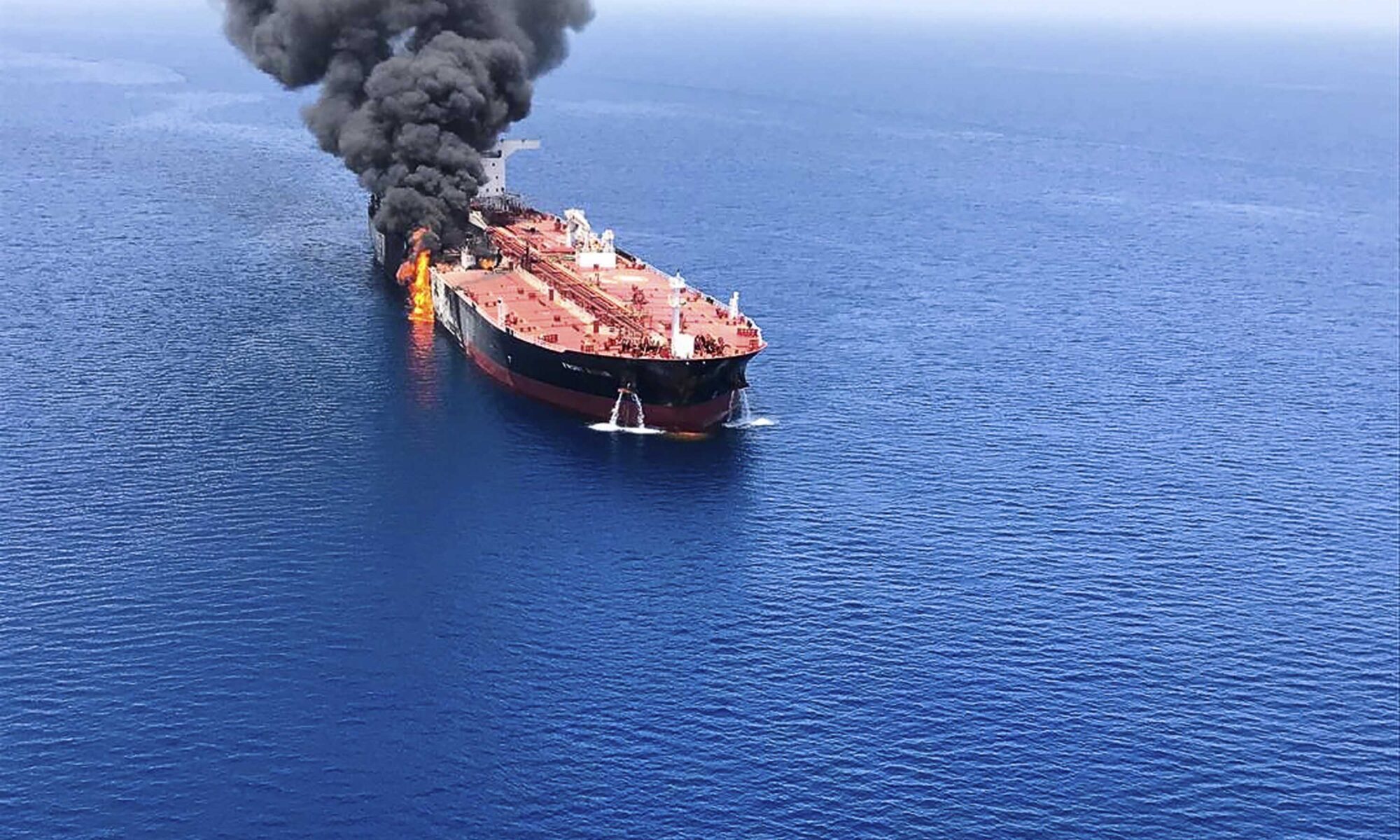 Commercial crude oil tanker transiting high-risk Middle East shipping waters.