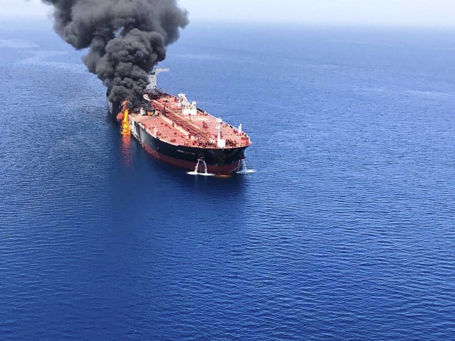 Commercial crude oil tanker transiting high-risk Middle East shipping waters.