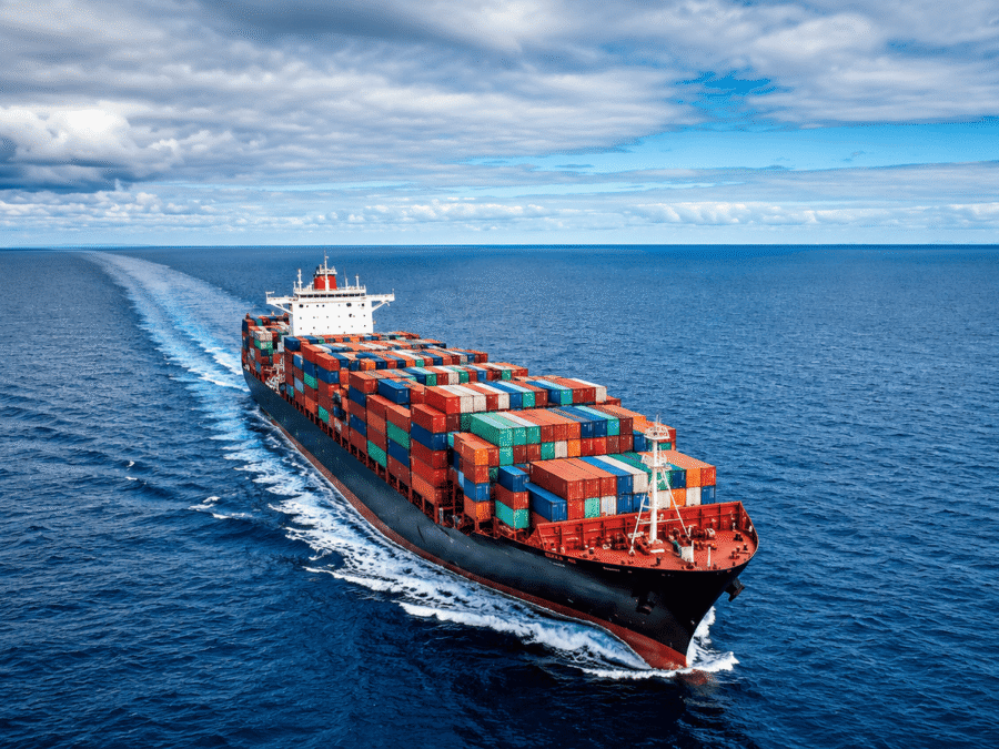 Cargo ship navigating open ocean.