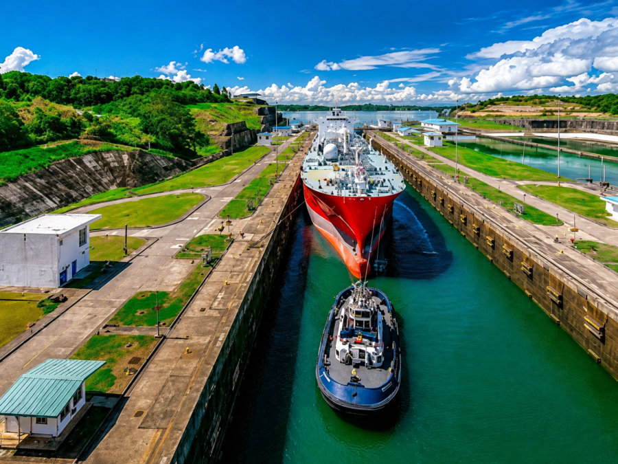 Ship navigating through a canal lock.