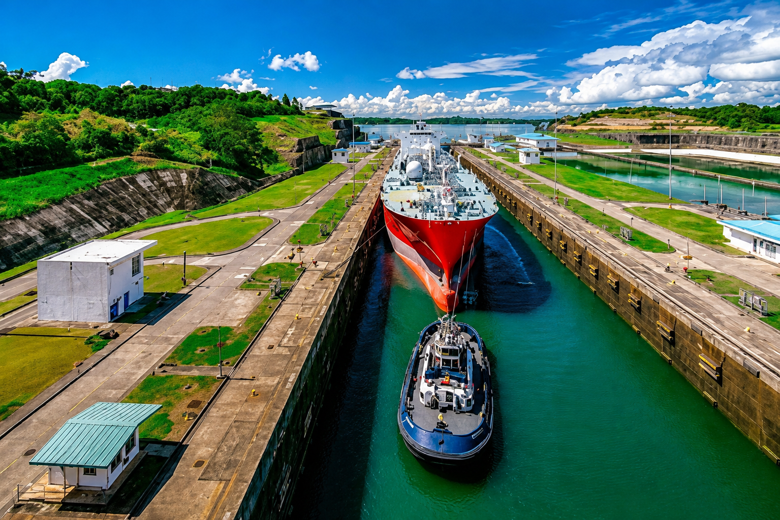 Ship navigating through a canal lock.