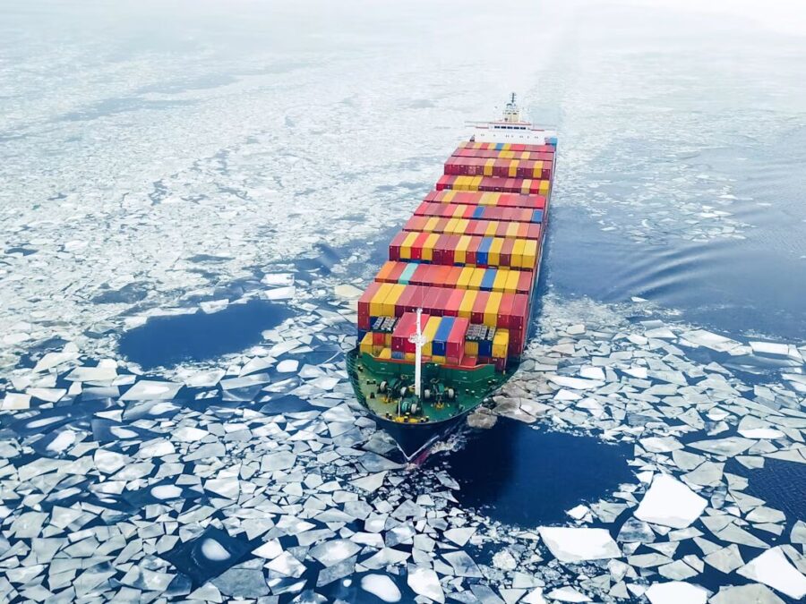 An ice-class commercial vessel operating along northern Ice Silk Road shipping routes.