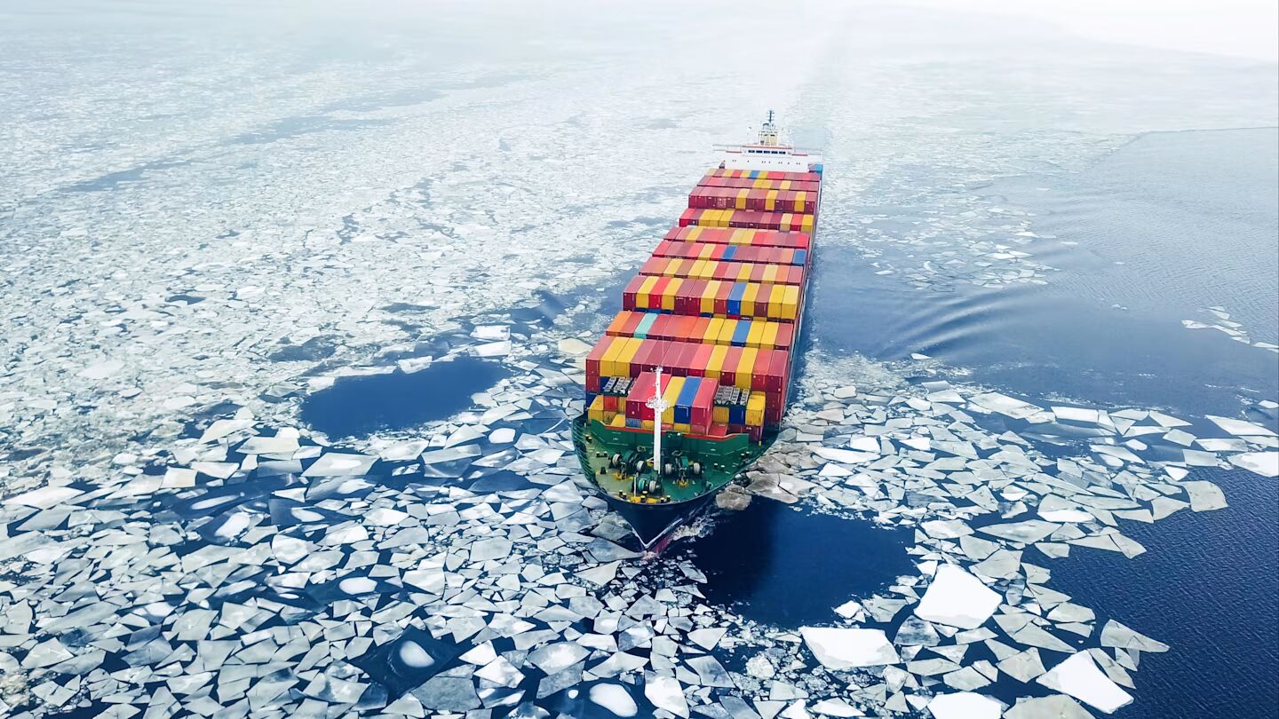 An ice-class commercial vessel operating along northern Ice Silk Road shipping routes.